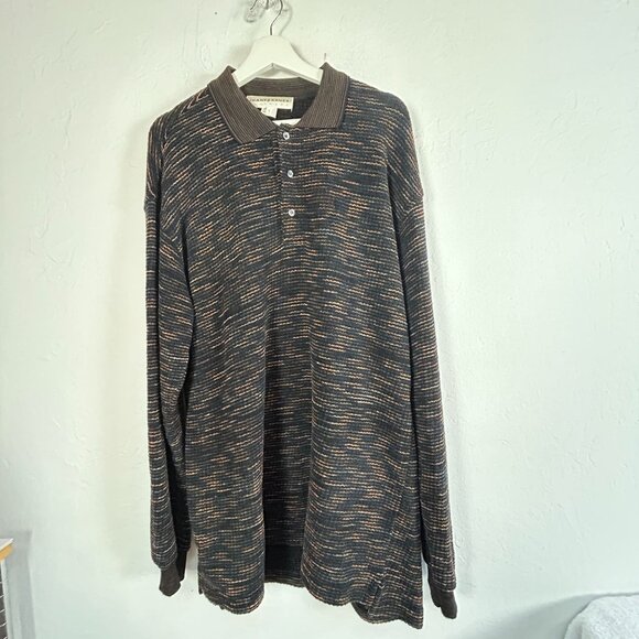 Jhane Barnes Menswear Wool Blend Long Sleeve Polo Sweater Large Black Space Dye - Picture 1 of 8